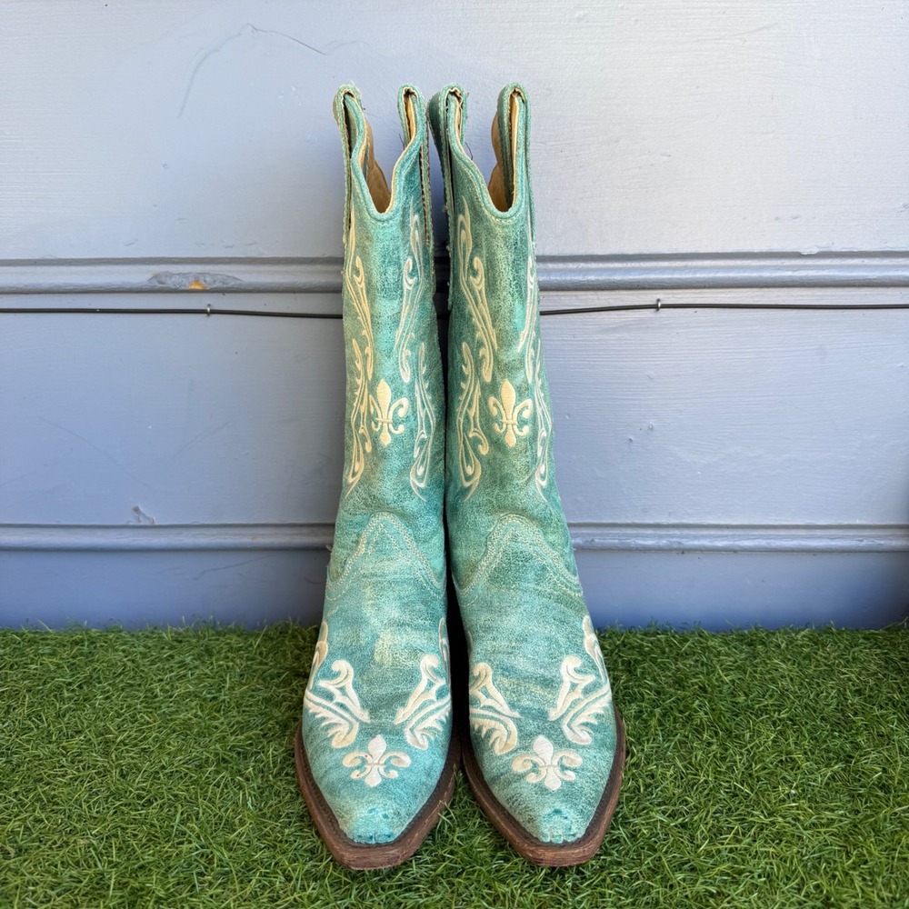 Corral Turquoise Fleur De Lis Embroidered Leather Western Boots R1973 Womens 7M